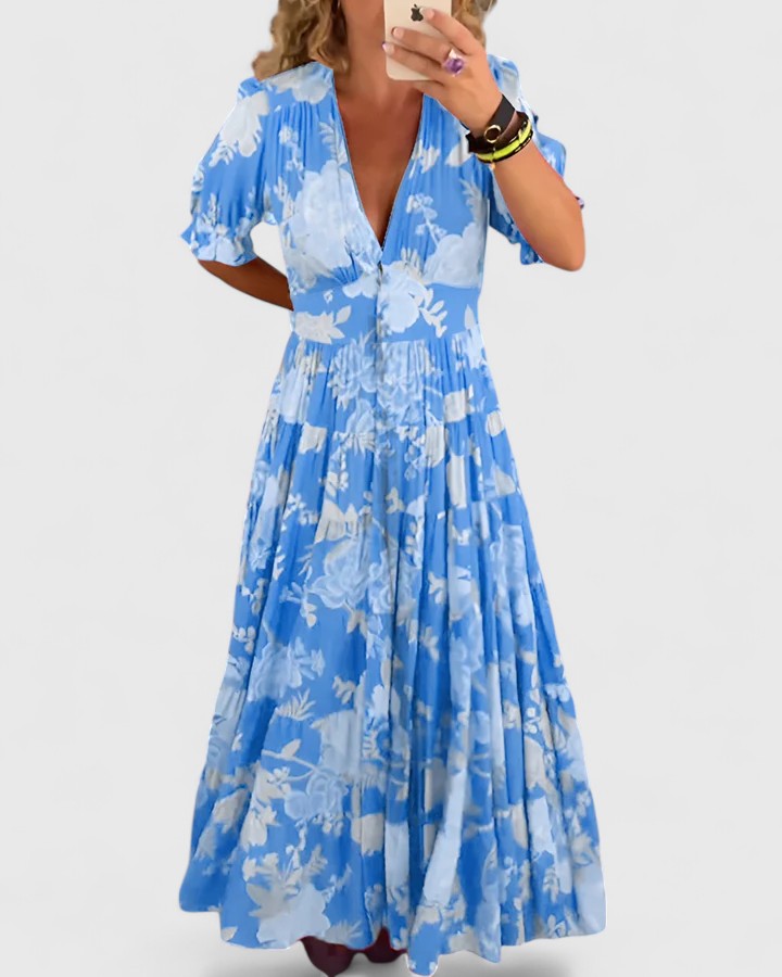 REAGAN | Floral Maxi Dress with V-Neck and Puff Sleeves