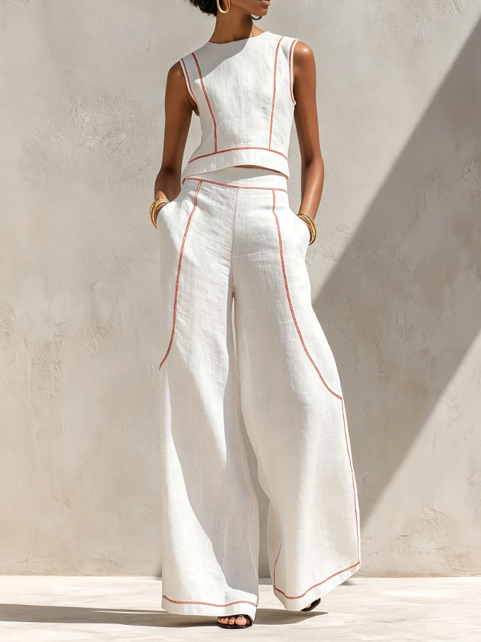 Women's Minimalist Blouse & Wide-Leg Pants Set