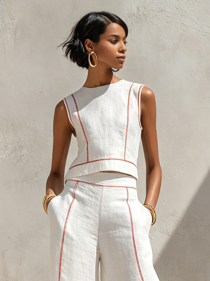 Women's Minimalist Blouse & Wide-Leg Pants Set