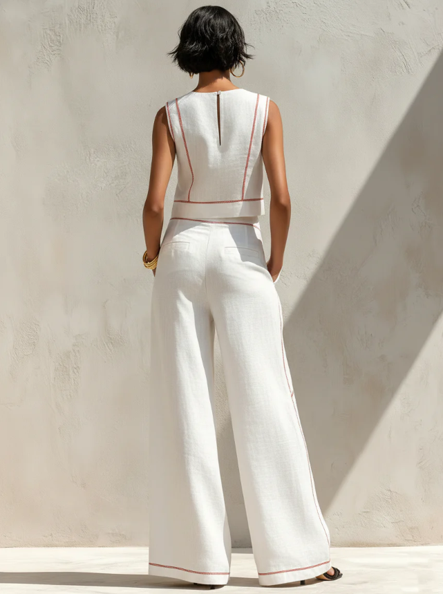 Women's Minimalist Blouse & Wide-Leg Pants Set