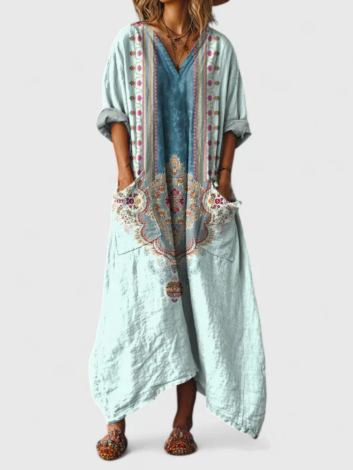 Indie | Women's Cotton Boho Print Front Pocket Maxi Dress