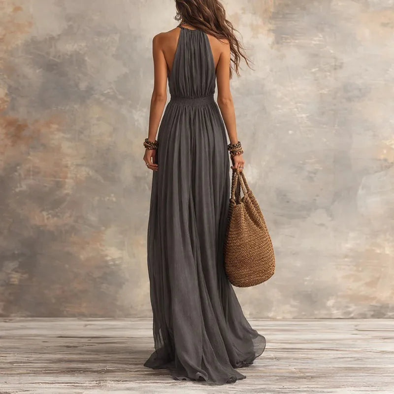 NOVA | Halter Deep V-Neck Flowy Maxi Dress with Draped Bodice