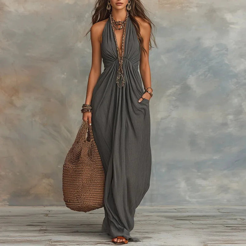 NOVA | Halter Deep V-Neck Flowy Maxi Dress with Draped Bodice