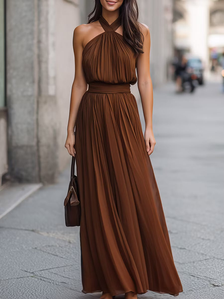 Sophia | Cross Halter Pleated Maxi Dress