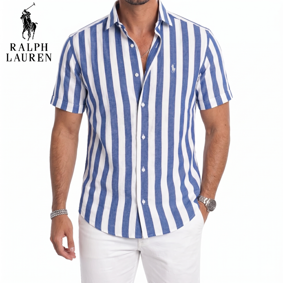 Coastal Stripe Short-Sleeve Linen Shirt || Clearance Sale