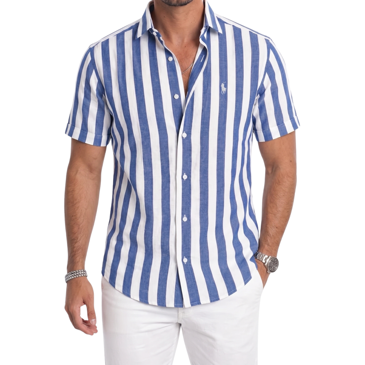 Coastal Stripe Short-Sleeve Linen Shirt - Clearance Sale