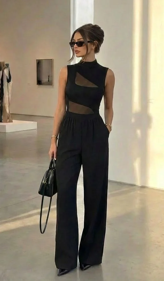 High Neck Solid Cut Out Patched Wide Leg Jumpsuit