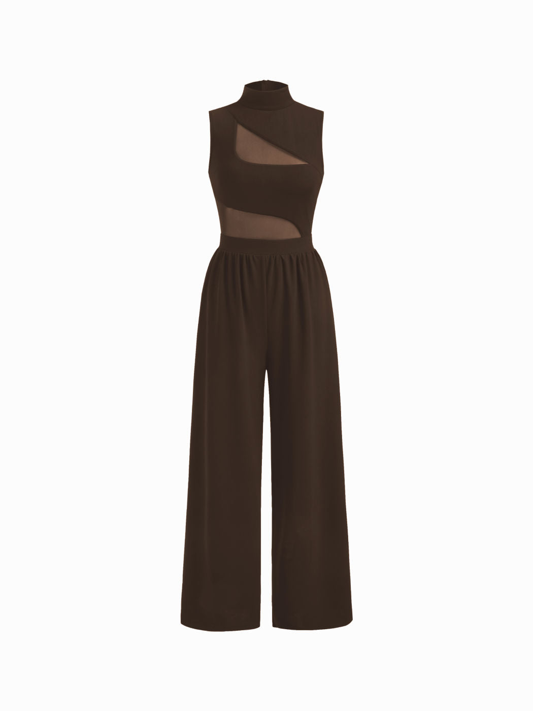 High Neck Solid Cut Out Patched Wide Leg Jumpsuit