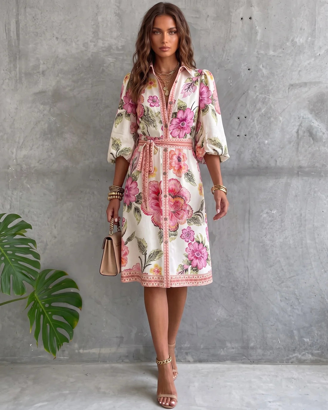 Floral Puff Sleeve Notched Neck Midi Dress