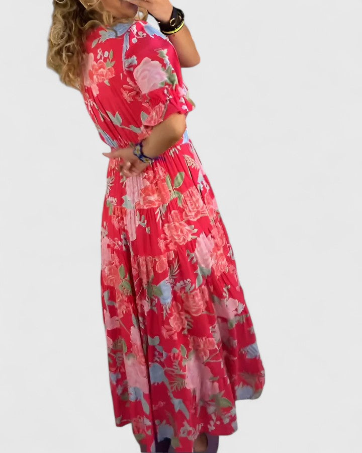 REAGAN | Floral Maxi Dress with V-Neck and Puff Sleeves