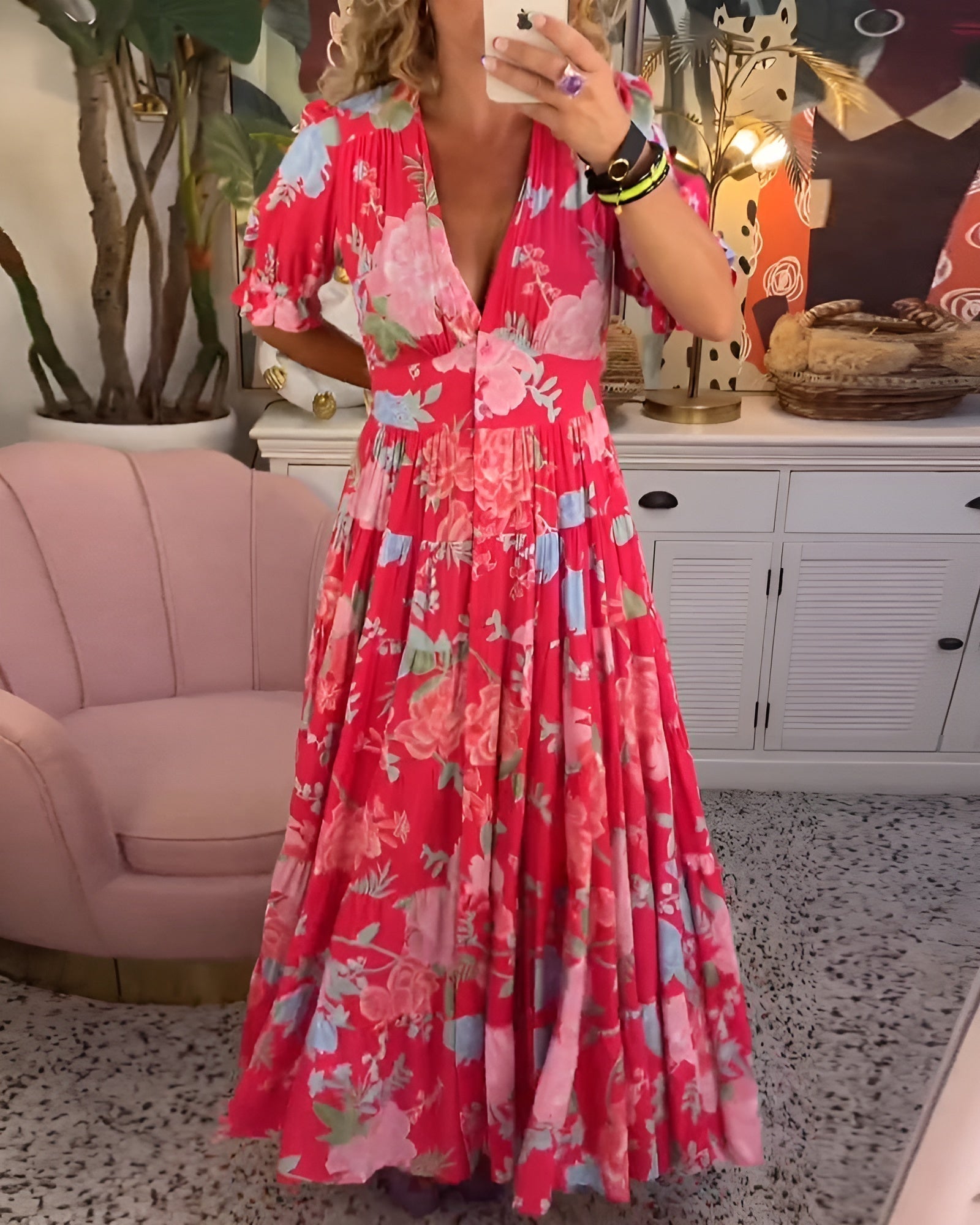 CATERINA | Long Floral Dress with Hidden Pockets and Feminine Cut for the Day