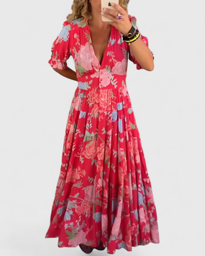 REAGAN | Floral Maxi Dress with V-Neck and Puff Sleeves