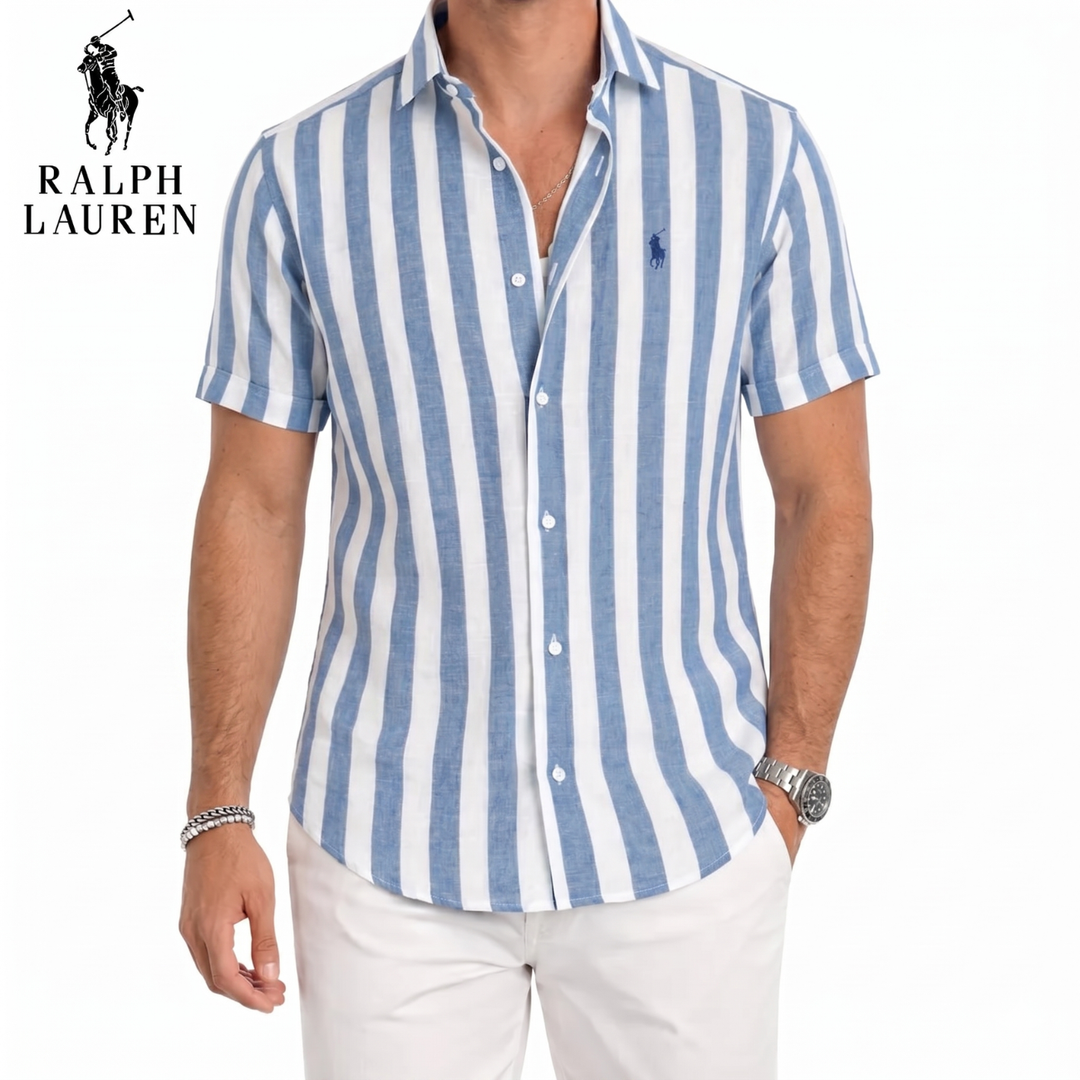 Coastal Stripe Short-Sleeve Linen Shirt || Clearance Sale