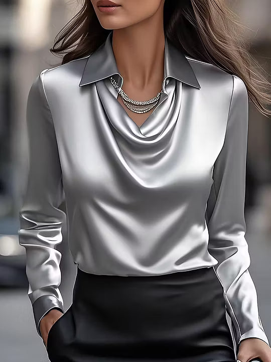 Adriana - Elegant White Satin Blouse with Draped Neckline