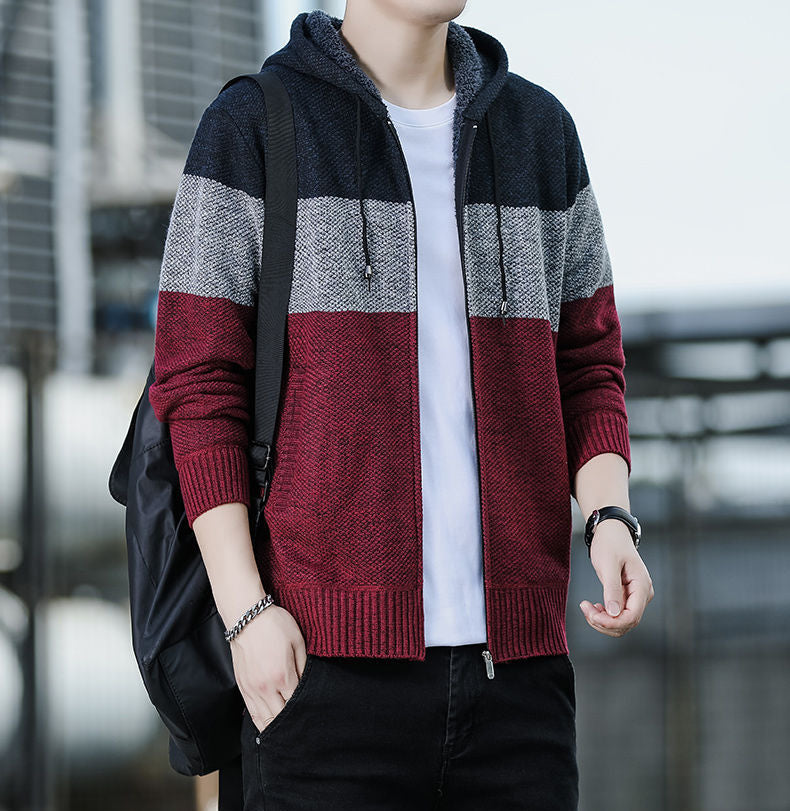 KNITTED WARM COLOR-BLOCK HOODED CARDIGAN