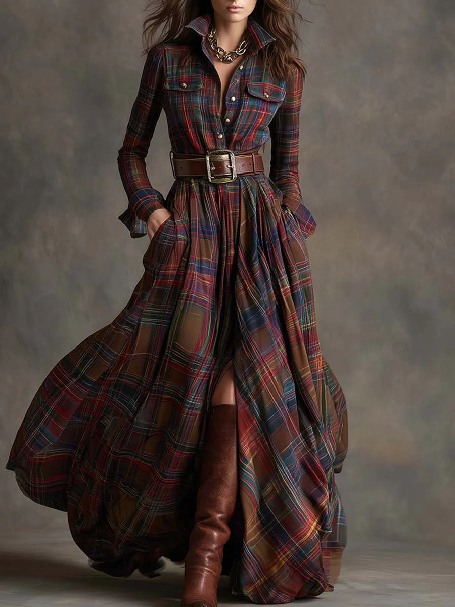 Beatriz | Long Checked Dress with Belt