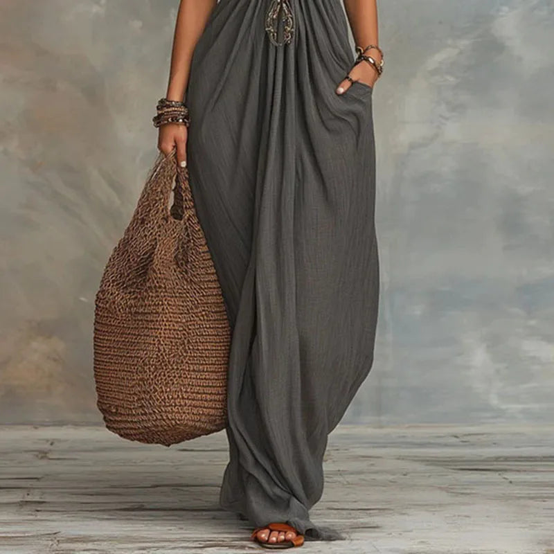 NOVA | Halter Deep V-Neck Flowy Maxi Dress with Draped Bodice